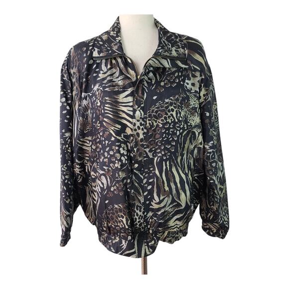coAco Brown Tan Silk Big Jungle Cat Leopard Tiger Windbreaker Jacket Coat Medium - Picture 1 of 5